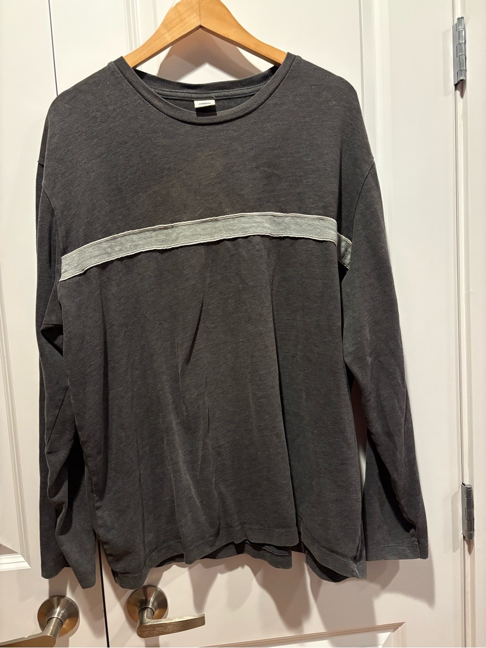 Y2K Vintage Old Navy Charcoal Long-Sleeve Shirt with Light Gray Chest Stripe